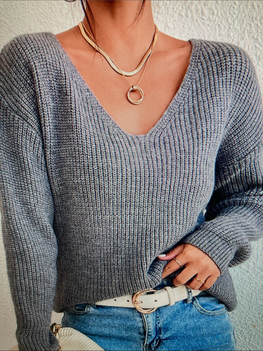 Gray V-Neck Ribbed Women's Sweater